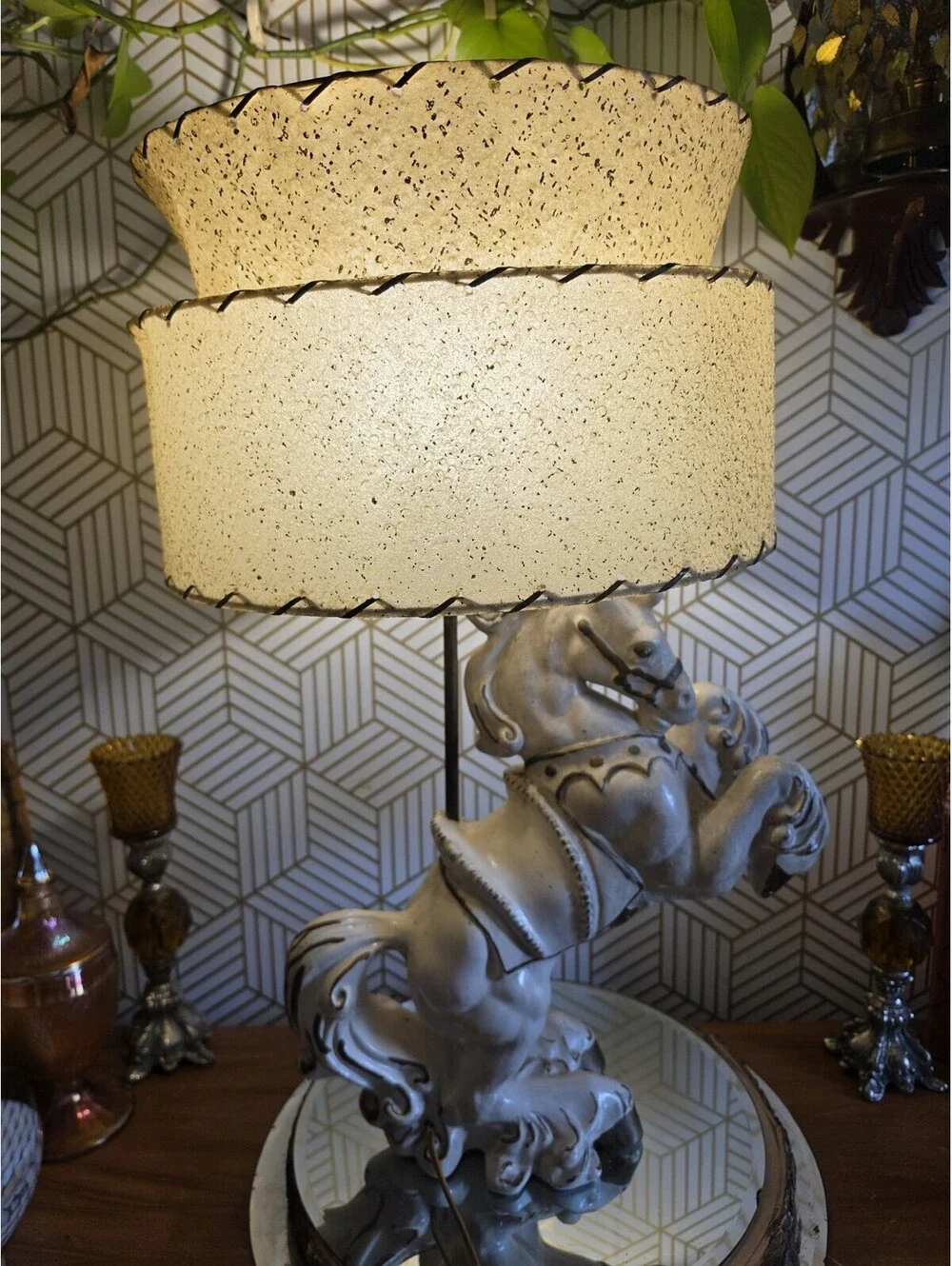 Vintage Midcentury Rearing Carousel Horse Lamp W 2 Tier Atomic Fiberglass Shade